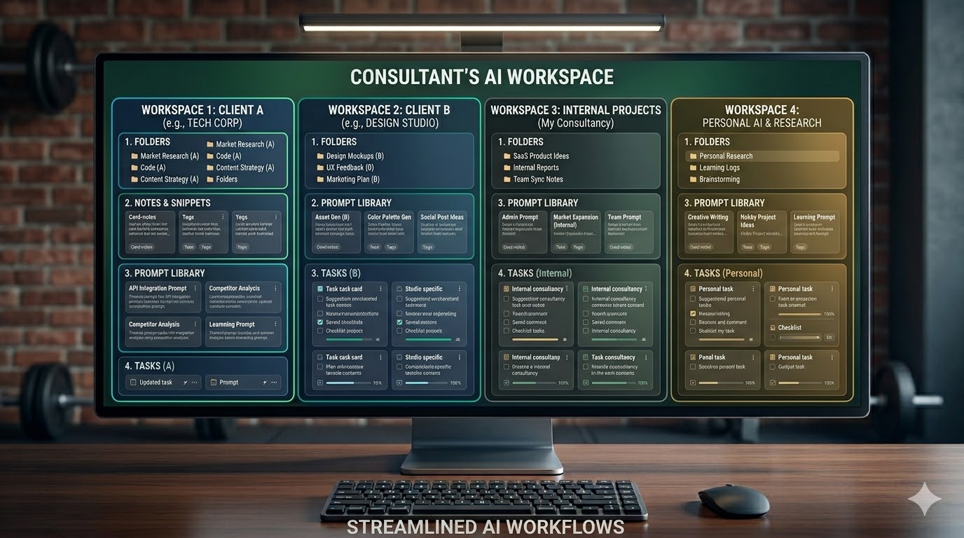 Editorial illustration showing separate client and internal AI workspaces inside a browser